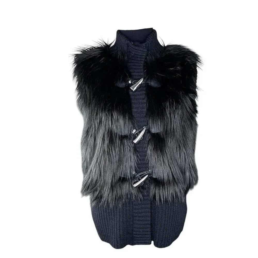 Michael Kors Mob Wife‎ Faux Fur Sweater Vest Women Sz Lg Black Wool Blend EUC